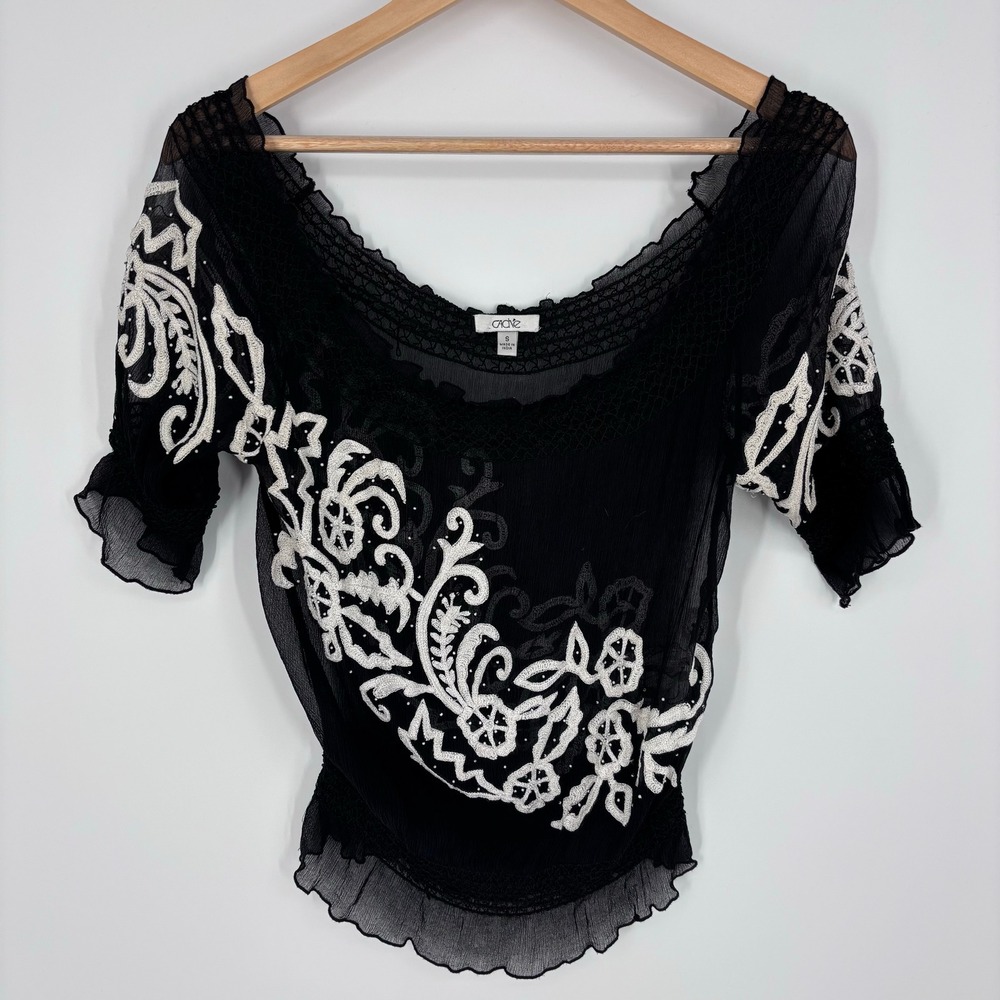 Cache Vintage Y2K 100% Silk Embroidered Beaded Blouse Women S Black Sheer Top